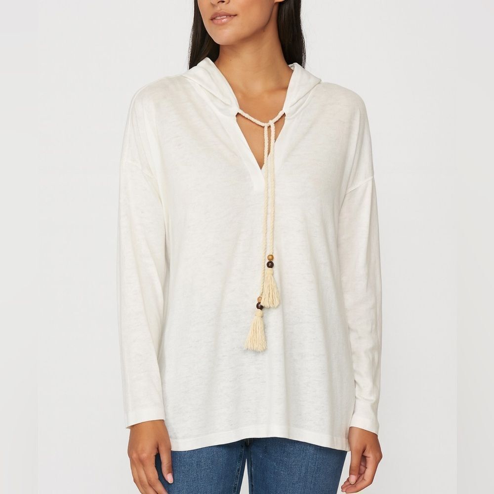 Sigrid Olsen White Linen Blend Hooded Top 1X Tassel Tie Boho Beach Pullover